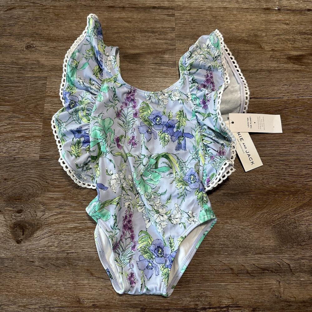 Janie and Jack Girls 18-24 Months Swimsuit One Piece Floral Flutter Purple Swim